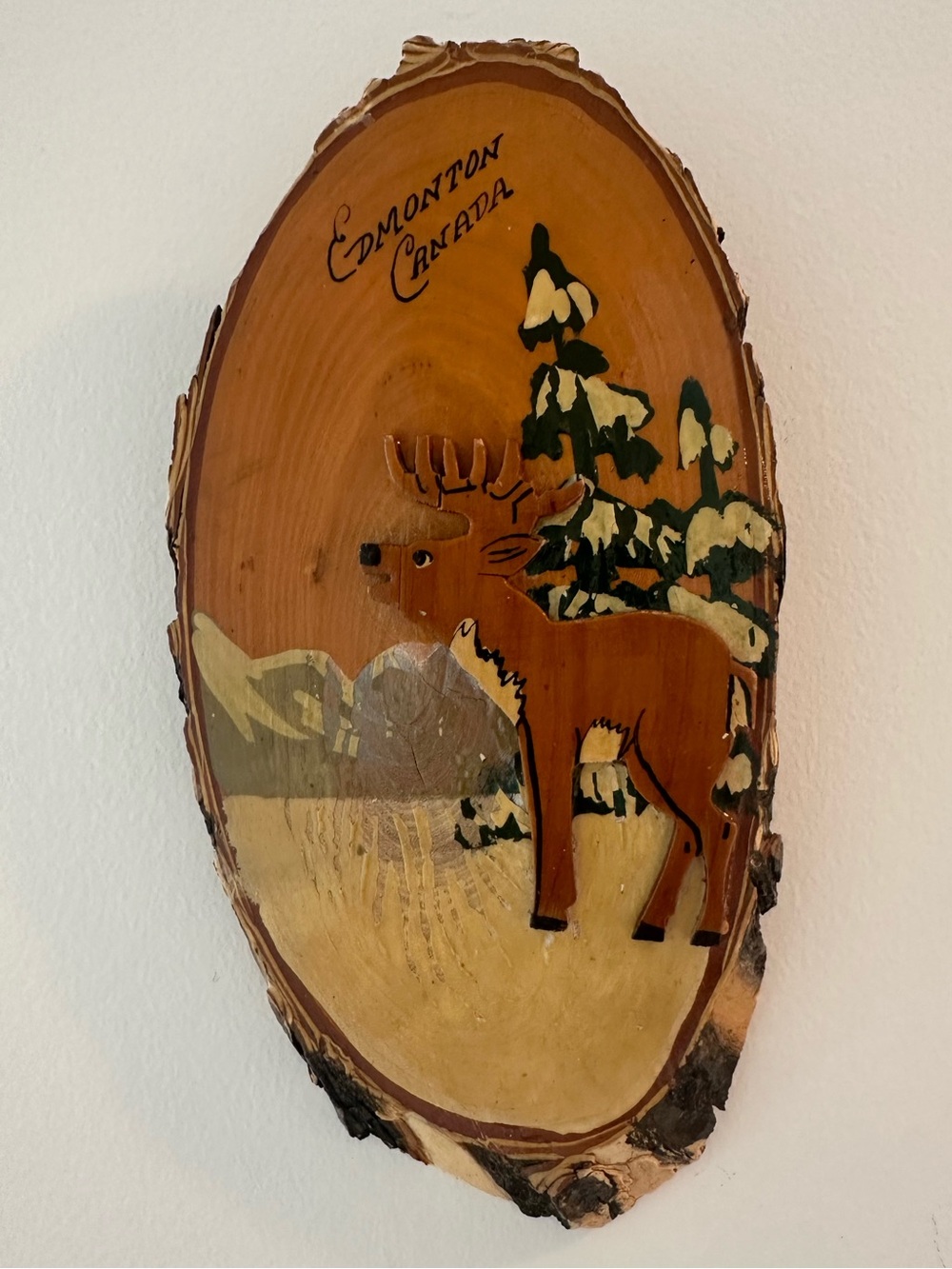 Vintage Hand-Painted Live Edge Wood Wall Plaque - Deer or Elk, Snowy Pine Trees